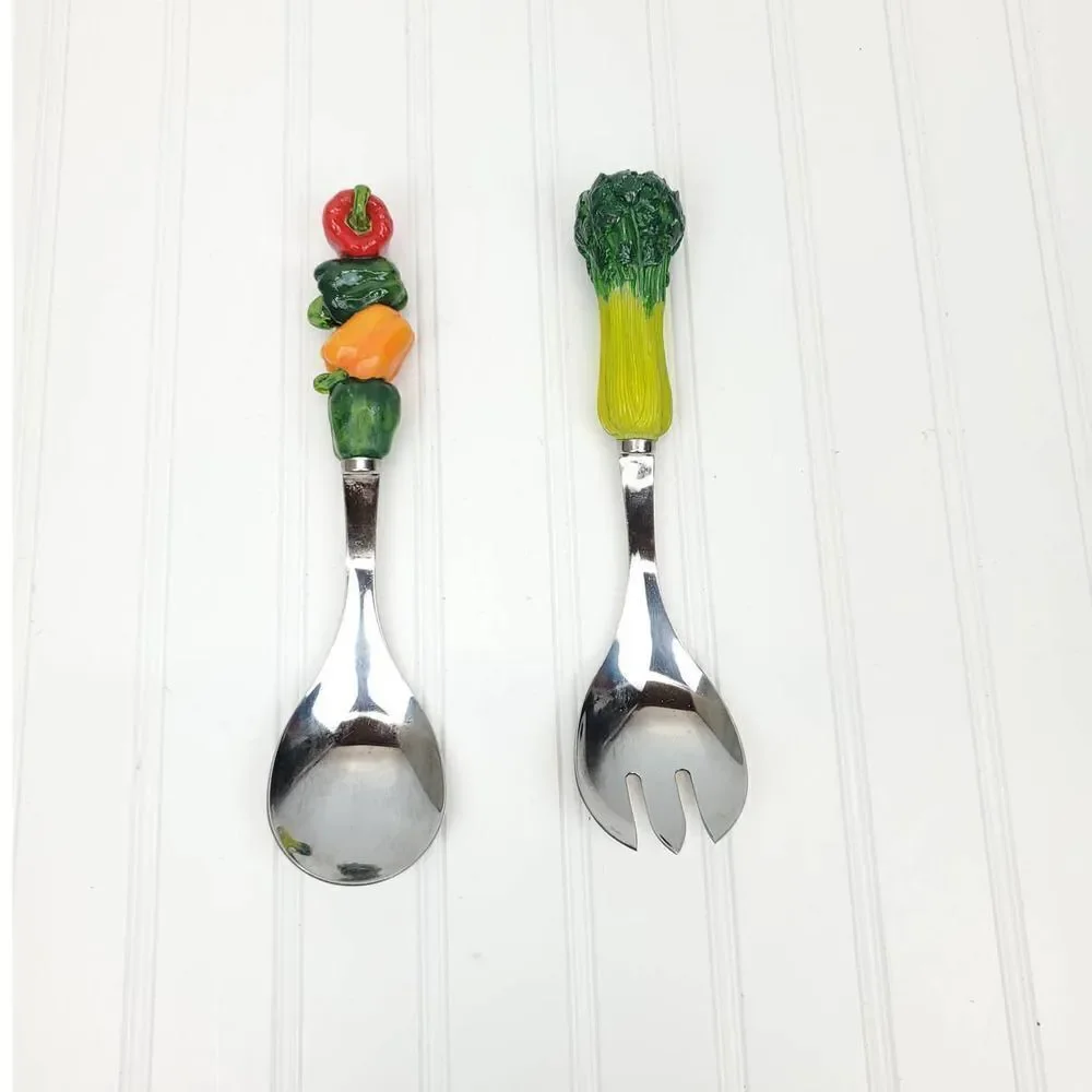 Stainless Steel Salad Servers with Vegetable Handles